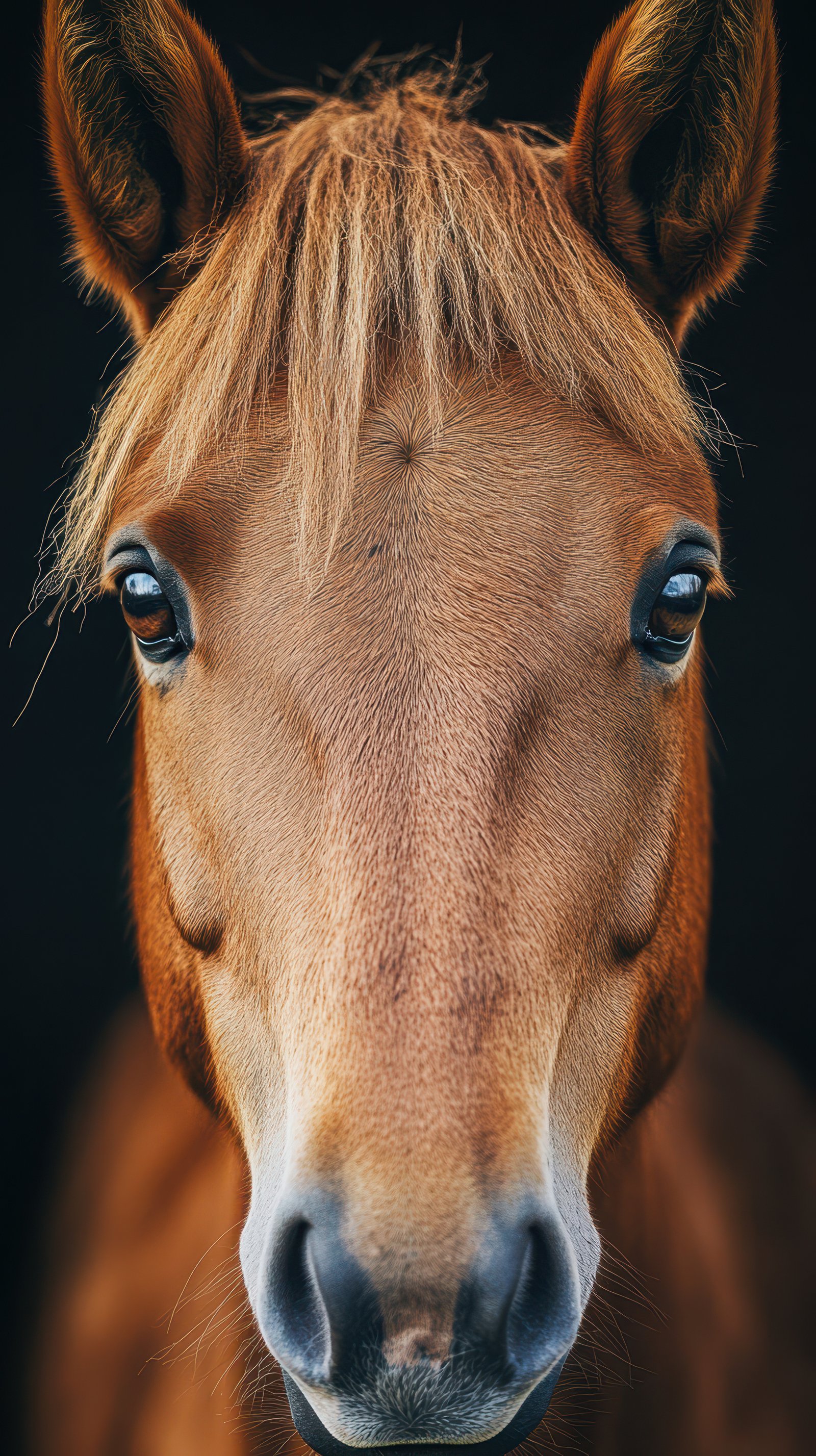 Close-up view of a horse with beautiful brown coat and expressive eyes in natural light setting